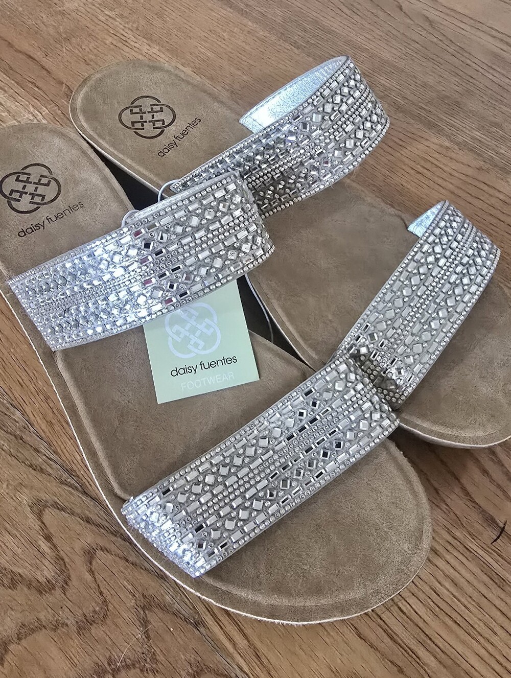 NWT Daisy Fuentes Silver Beaded Embellished Slide Strapped Wedge Sandals-Size 11